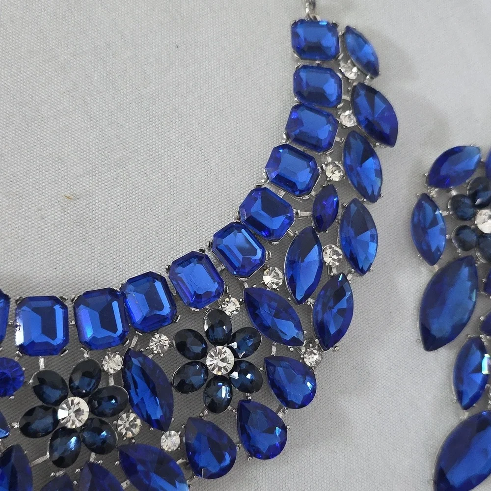 Statement Silver with Blue Crystal Stones Necklace and Matching Earrings Set